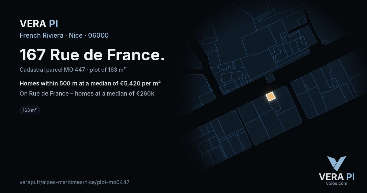 167 Rue de France, Nice at night – the plot lit, the parcels around coloured by the prices near them
