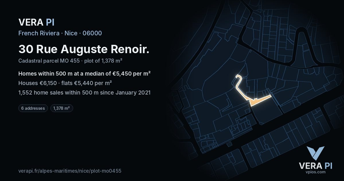30 Rue Auguste Renoir, Nice at night – the plot lit, the parcels around coloured by the prices near them
