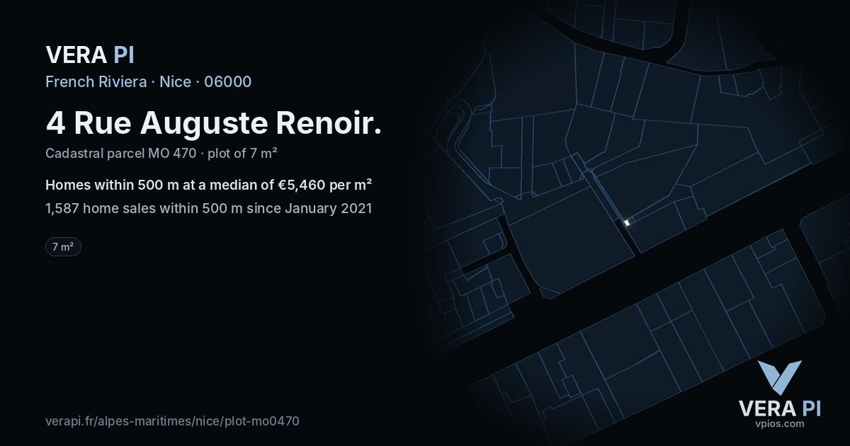 4 Rue Auguste Renoir, Nice at night – the plot lit, the parcels around coloured by the prices near them