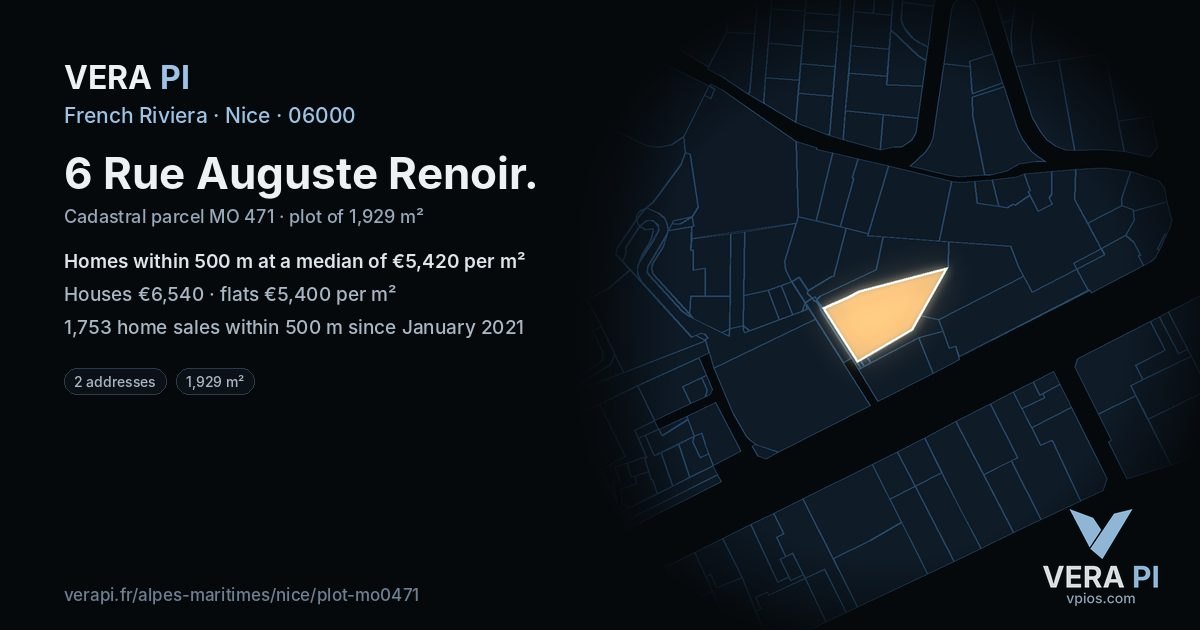 6 Rue Auguste Renoir, Nice at night – the plot lit, the parcels around coloured by the prices near them