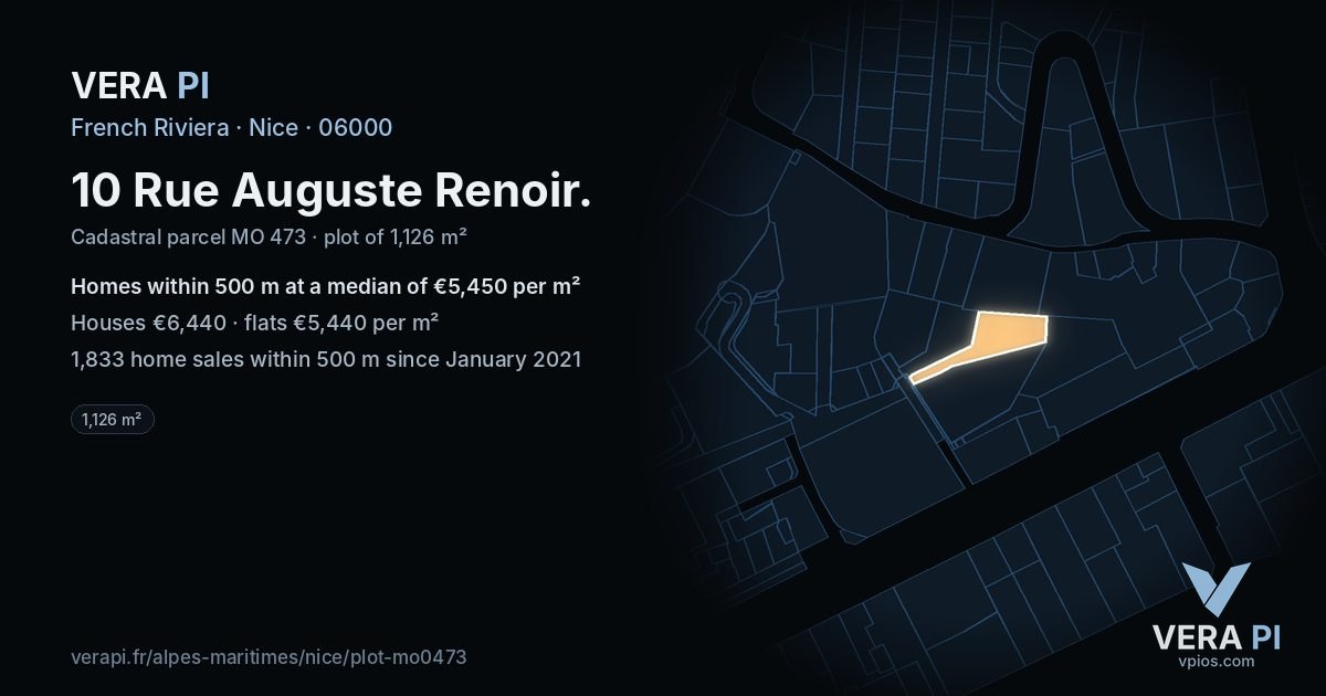10 Rue Auguste Renoir, Nice at night – the plot lit, the parcels around coloured by the prices near them