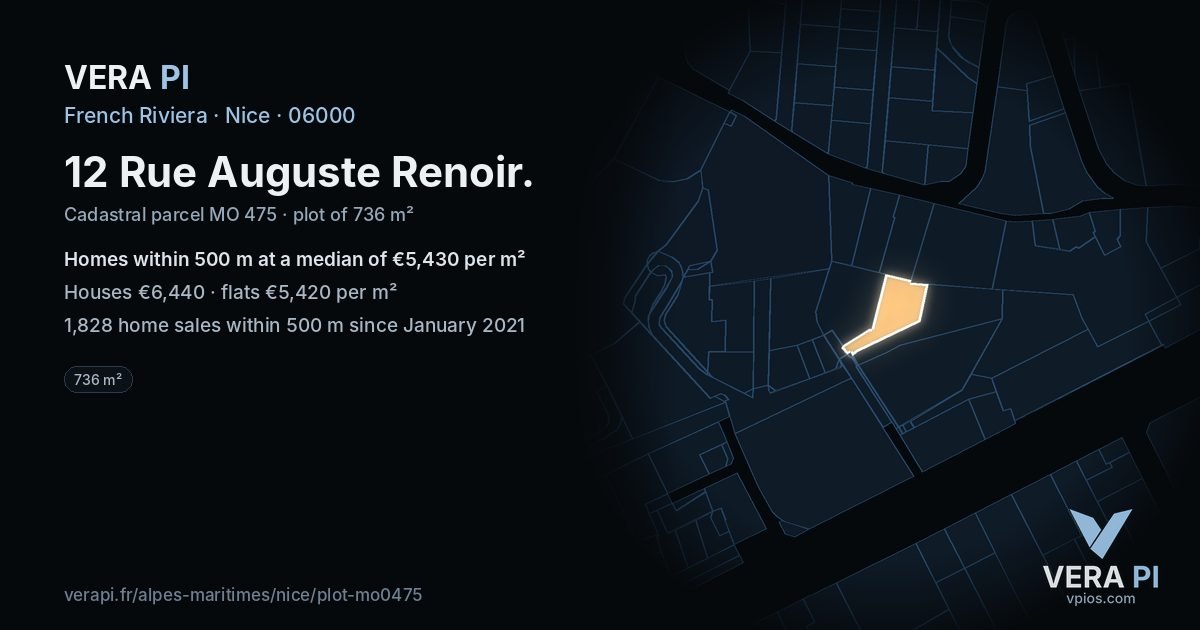 12 Rue Auguste Renoir, Nice at night – the plot lit, the parcels around coloured by the prices near them