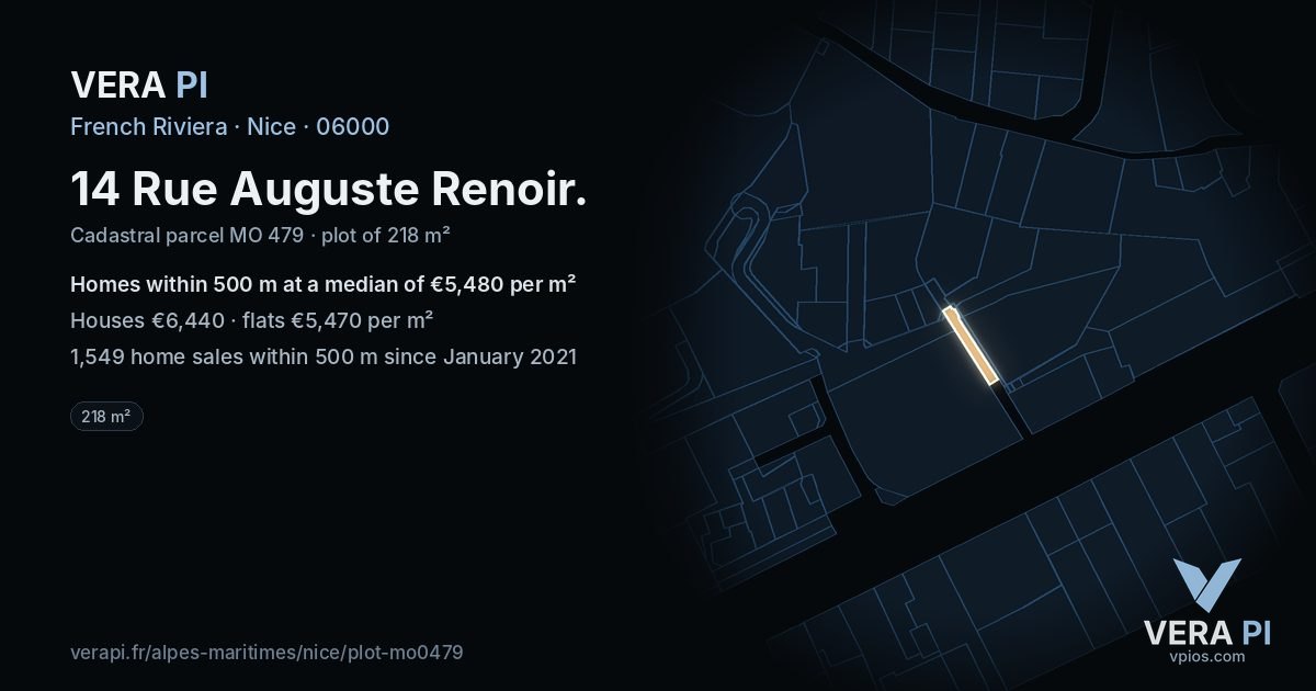 14 Rue Auguste Renoir, Nice at night – the plot lit, the parcels around coloured by the prices near them