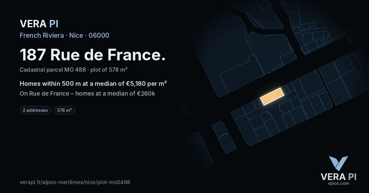 187 Rue de France, Nice at night – the plot lit, the parcels around coloured by the prices near them