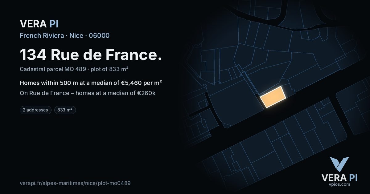 134 Rue de France, Nice at night – the plot lit, the parcels around coloured by the prices near them