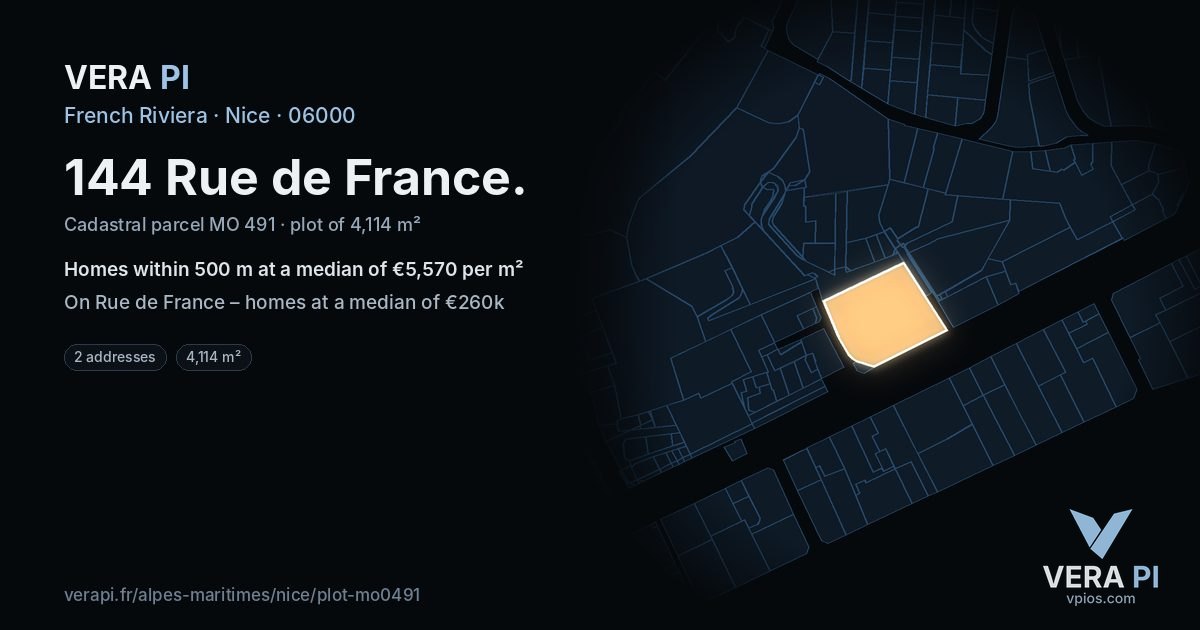 144 Rue de France, Nice at night – the plot lit, the parcels around coloured by the prices near them