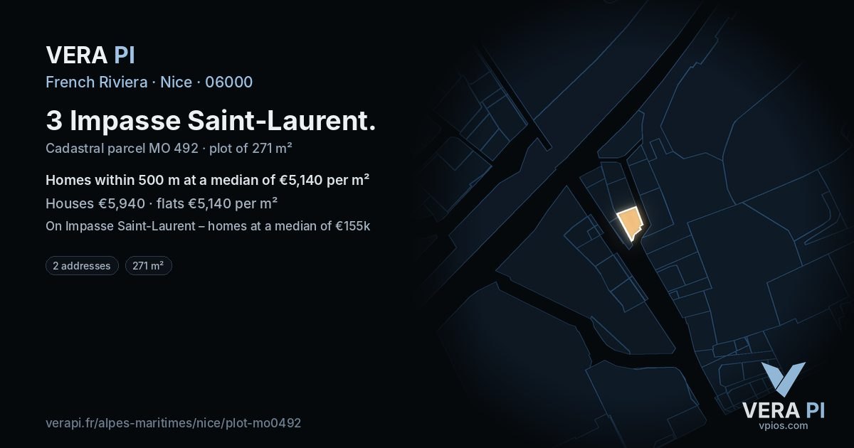 3 Impasse Saint-Laurent, Nice at night – the plot lit, the parcels around coloured by the prices near them