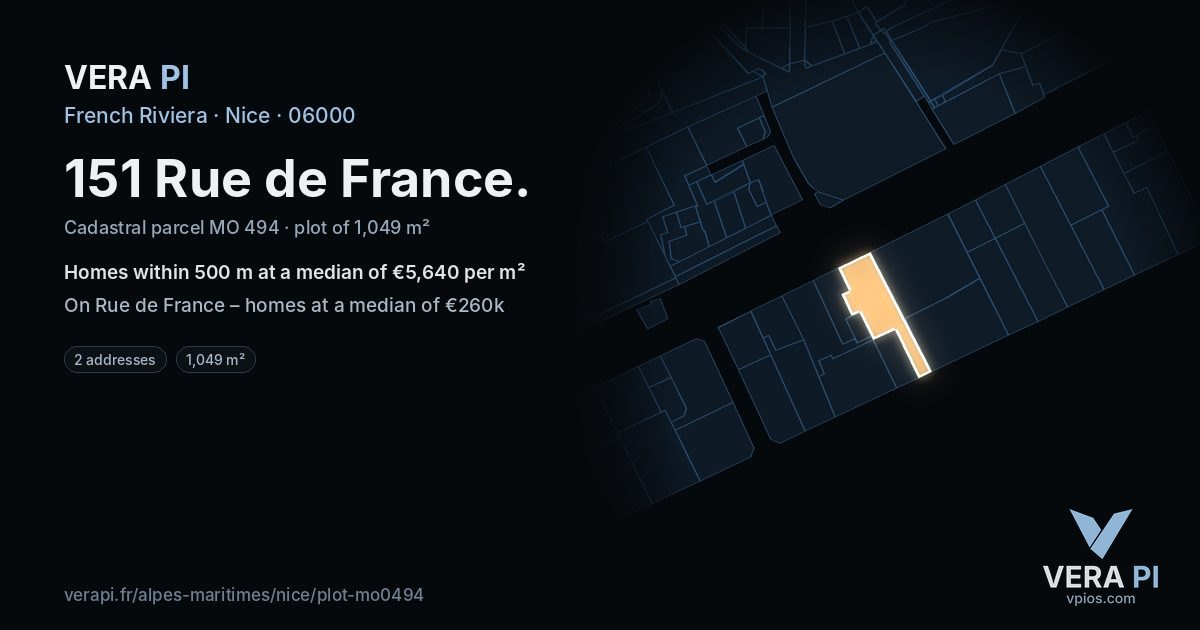 151 Rue de France, Nice at night – the plot lit, the parcels around coloured by the prices near them