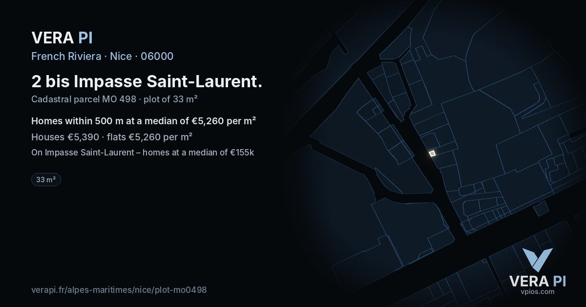 2 bis Impasse Saint-Laurent, Nice at night – the plot lit, the parcels around coloured by the prices near them