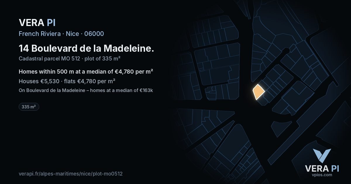 14 Boulevard de la Madeleine, Nice at night – the plot lit, the parcels around coloured by the prices near them