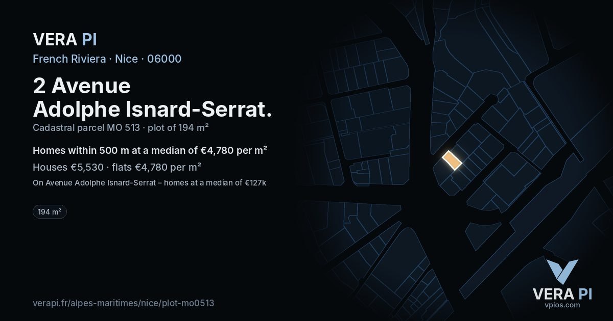 2 Avenue Adolphe Isnard-Serrat, Nice at night – the plot lit, the parcels around coloured by the prices near them