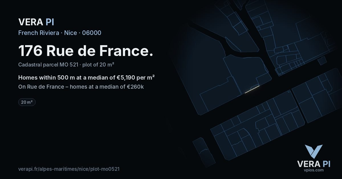 176 Rue de France, Nice at night – the plot lit, the parcels around coloured by the prices near them