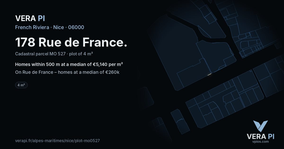 178 Rue de France, Nice at night – the plot lit, the parcels around coloured by the prices near them