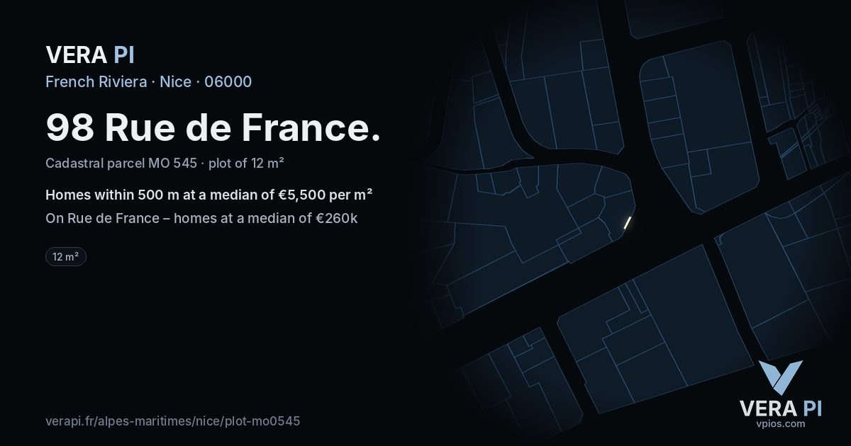 98 Rue de France, Nice at night – the plot lit, the parcels around coloured by the prices near them
