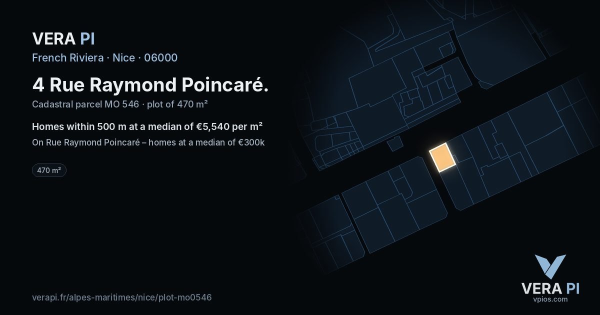 4 Rue Raymond Poincaré, Nice at night – the plot lit, the parcels around coloured by the prices near them