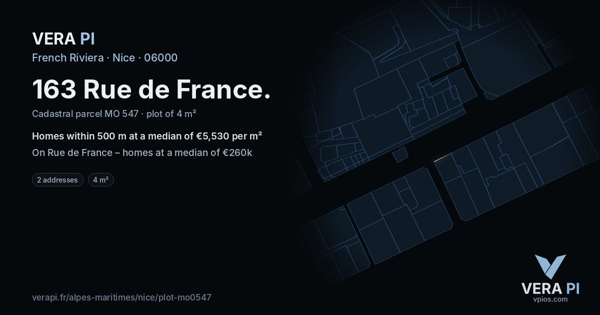 163 Rue de France, Nice at night – the plot lit, the parcels around coloured by the prices near them