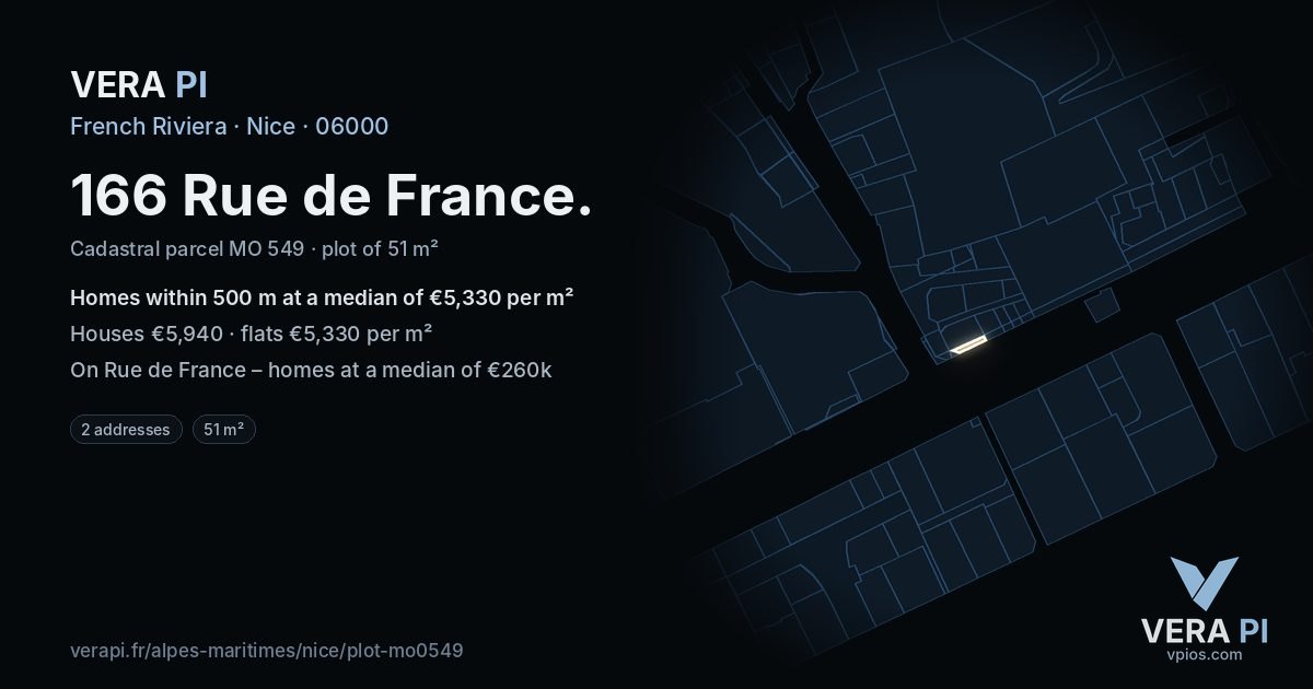 166 Rue de France, Nice at night – the plot lit, the parcels around coloured by the prices near them