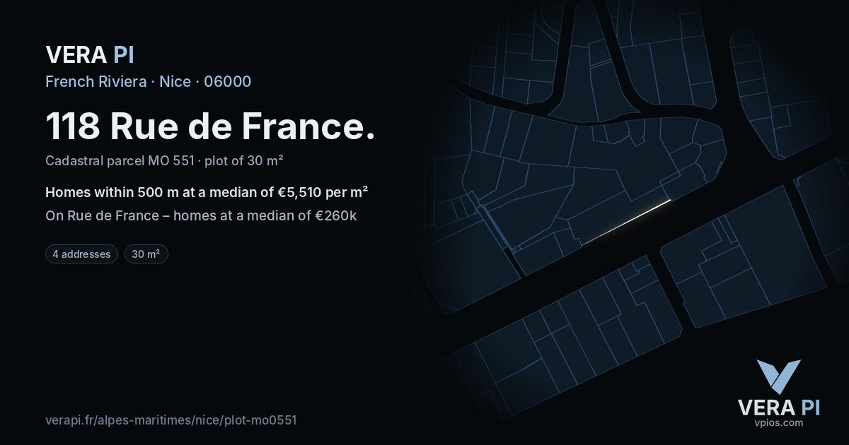 118 Rue de France, Nice at night – the plot lit, the parcels around coloured by the prices near them