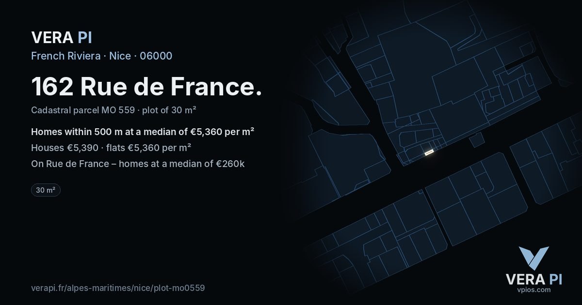 162 Rue de France, Nice at night – the plot lit, the parcels around coloured by the prices near them