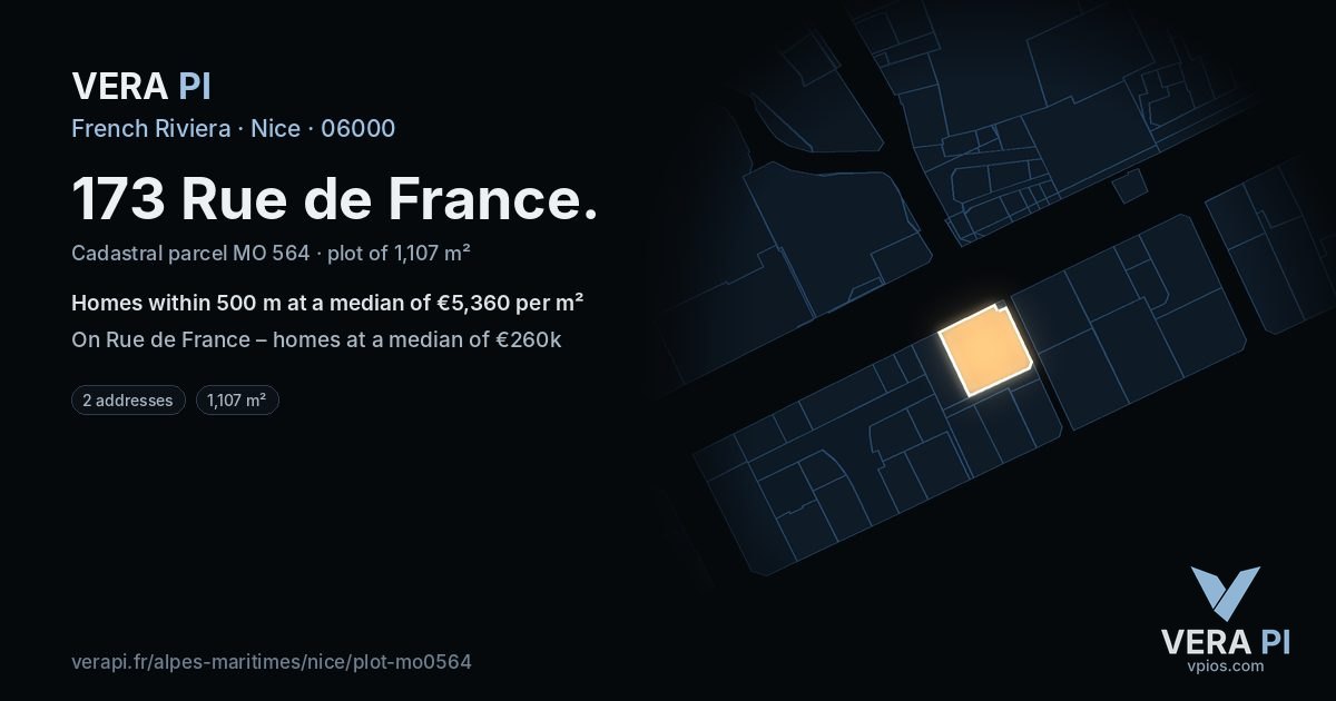 173 Rue de France, Nice at night – the plot lit, the parcels around coloured by the prices near them