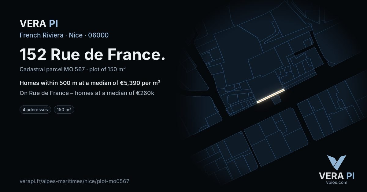 152 Rue de France, Nice at night – the plot lit, the parcels around coloured by the prices near them