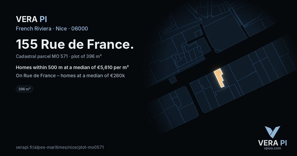 155 Rue de France, Nice at night – the plot lit, the parcels around coloured by the prices near them