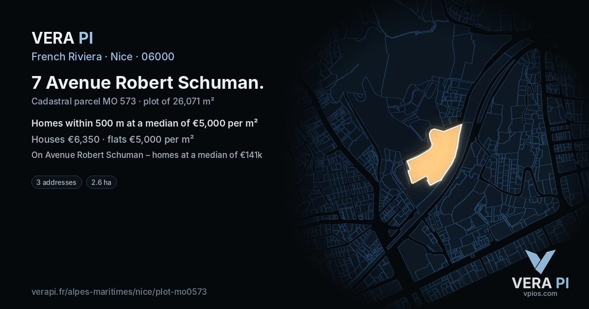 7 Avenue Robert Schuman, Nice at night – the plot lit, the parcels around coloured by the prices near them