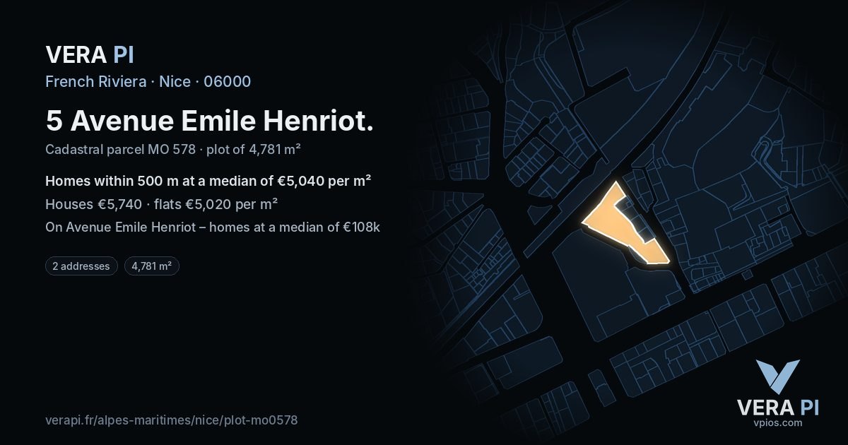 5 Avenue Emile Henriot, Nice at night – the plot lit, the parcels around coloured by the prices near them