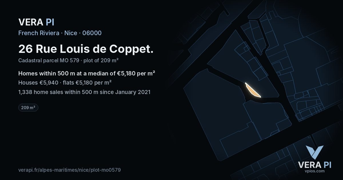26 Rue Louis de Coppet, Nice at night – the plot lit, the parcels around coloured by the prices near them