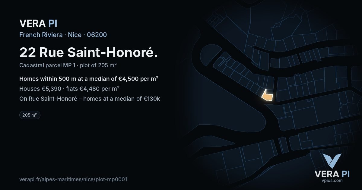 22 Rue Saint-Honoré, Nice at night – the plot lit, the parcels around coloured by the prices near them
