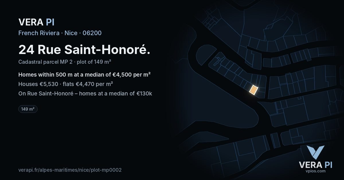 24 Rue Saint-Honoré, Nice at night – the plot lit, the parcels around coloured by the prices near them