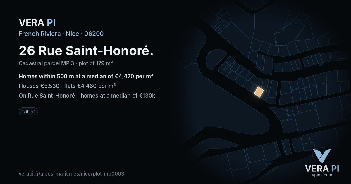 26 Rue Saint-Honoré, Nice at night – the plot lit, the parcels around coloured by the prices near them