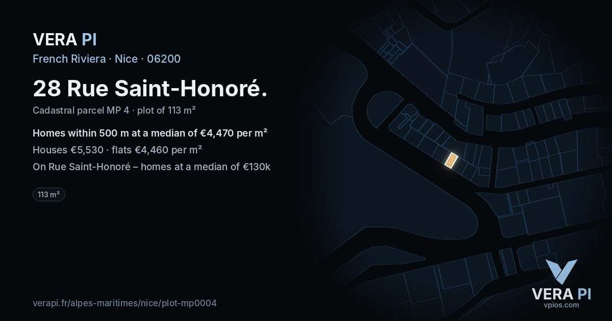 28 Rue Saint-Honoré, Nice at night – the plot lit, the parcels around coloured by the prices near them