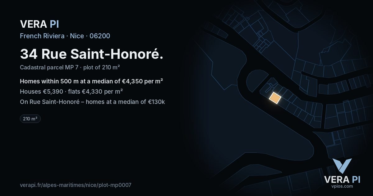 34 Rue Saint-Honoré, Nice at night – the plot lit, the parcels around coloured by the prices near them
