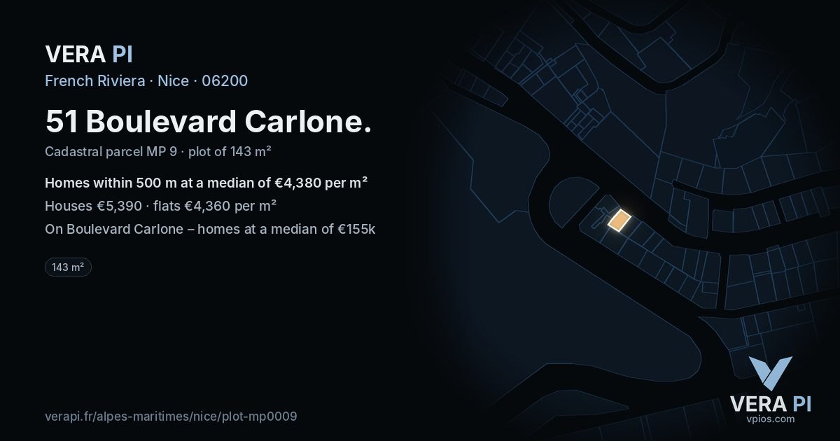 51 Boulevard Carlone, Nice at night – the plot lit, the parcels around coloured by the prices near them
