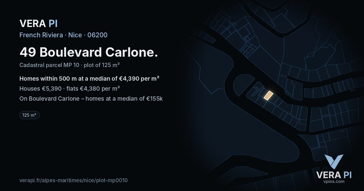 49 Boulevard Carlone, Nice at night – the plot lit, the parcels around coloured by the prices near them
