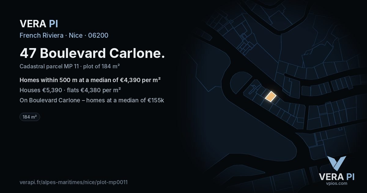 47 Boulevard Carlone, Nice at night – the plot lit, the parcels around coloured by the prices near them