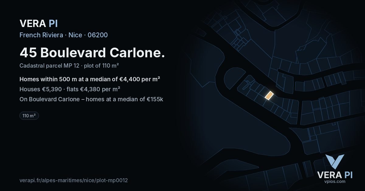 45 Boulevard Carlone, Nice at night – the plot lit, the parcels around coloured by the prices near them
