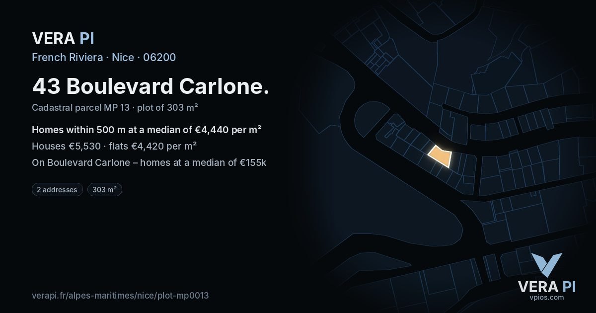 43 Boulevard Carlone, Nice at night – the plot lit, the parcels around coloured by the prices near them
