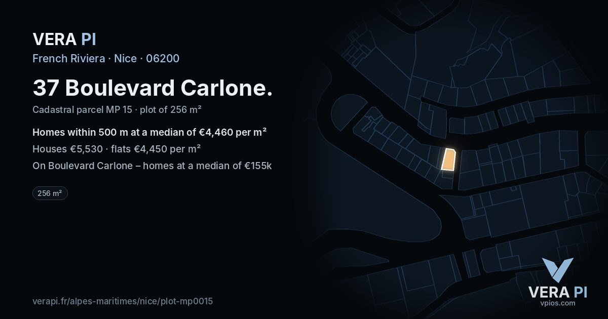 37 Boulevard Carlone, Nice at night – the plot lit, the parcels around coloured by the prices near them