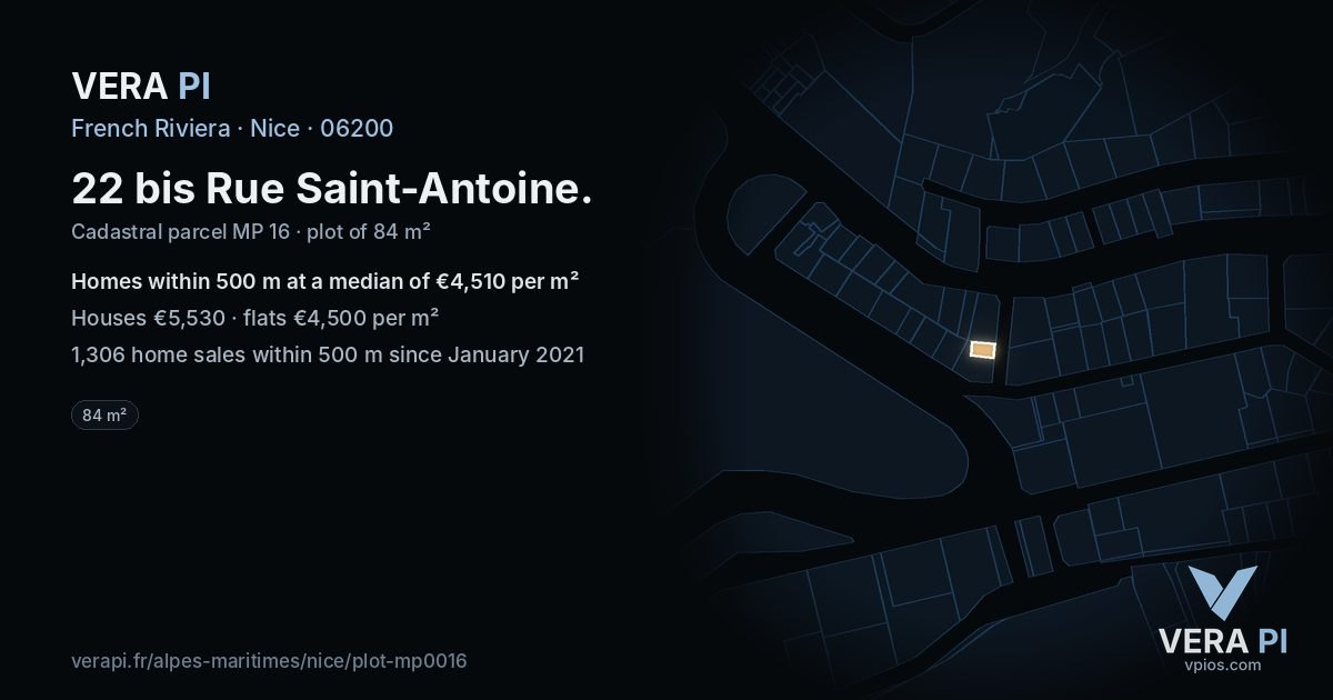 22 bis Rue Saint-Antoine, Nice at night – the plot lit, the parcels around coloured by the prices near them