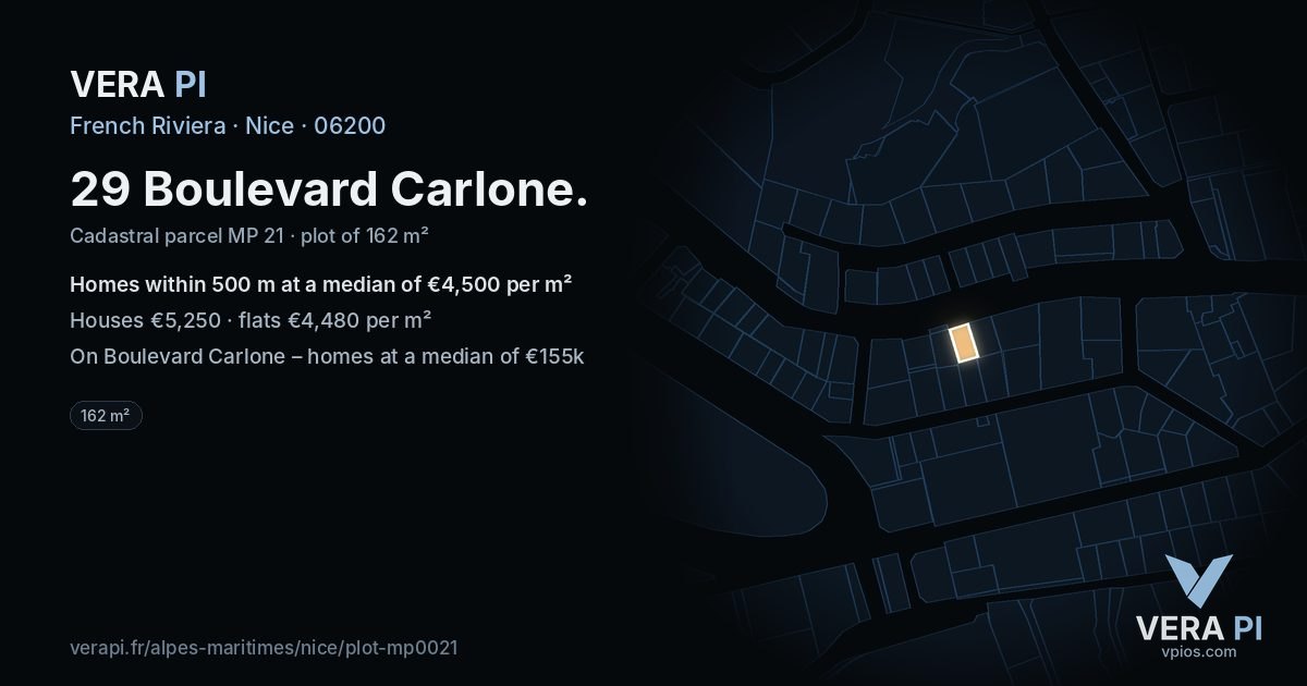 29 Boulevard Carlone, Nice at night – the plot lit, the parcels around coloured by the prices near them