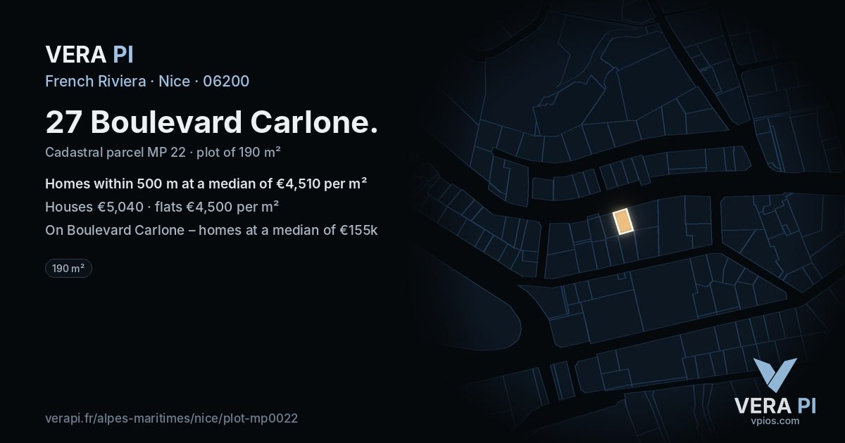 27 Boulevard Carlone, Nice at night – the plot lit, the parcels around coloured by the prices near them