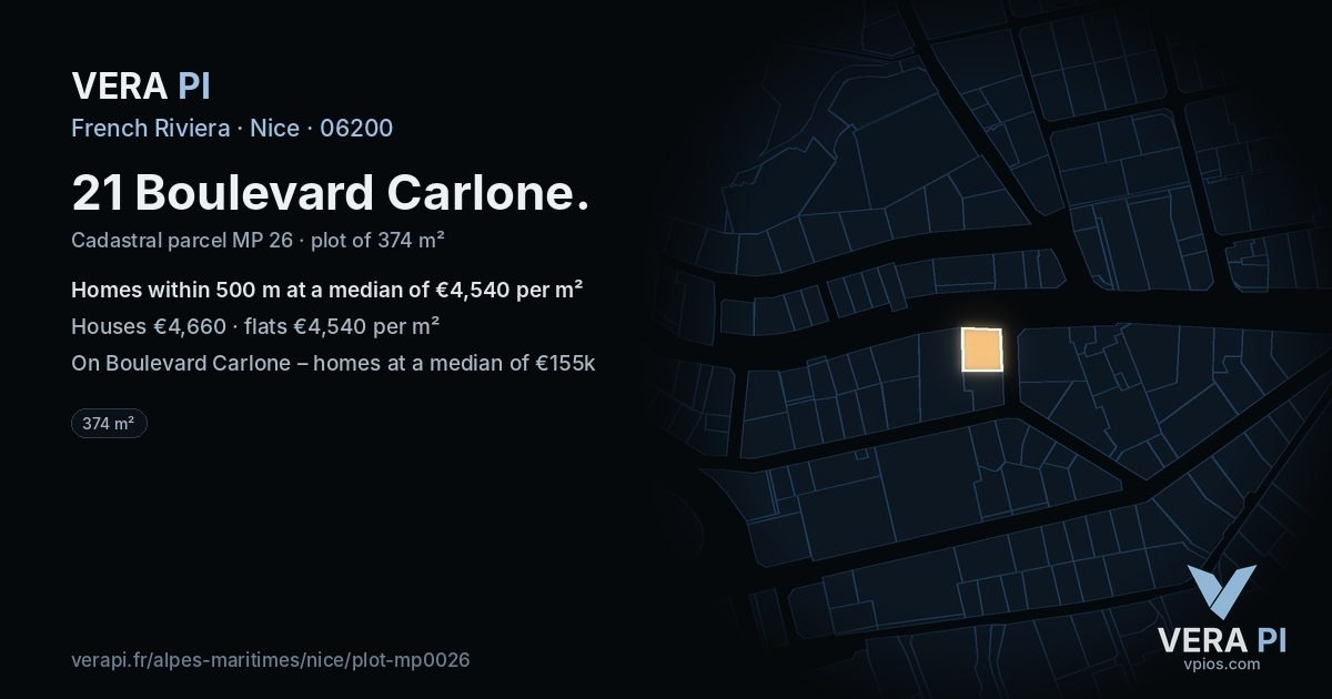 21 Boulevard Carlone, Nice at night – the plot lit, the parcels around coloured by the prices near them
