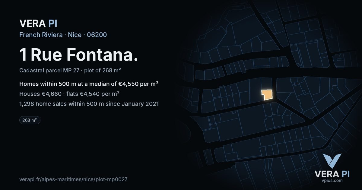 1 Rue Fontana, Nice at night – the plot lit, the parcels around coloured by the prices near them