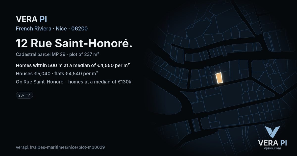 12 Rue Saint-Honoré, Nice at night – the plot lit, the parcels around coloured by the prices near them