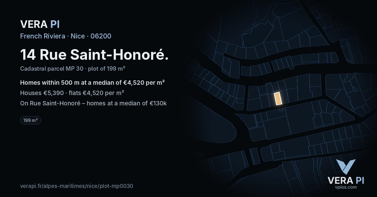 14 Rue Saint-Honoré, Nice at night – the plot lit, the parcels around coloured by the prices near them