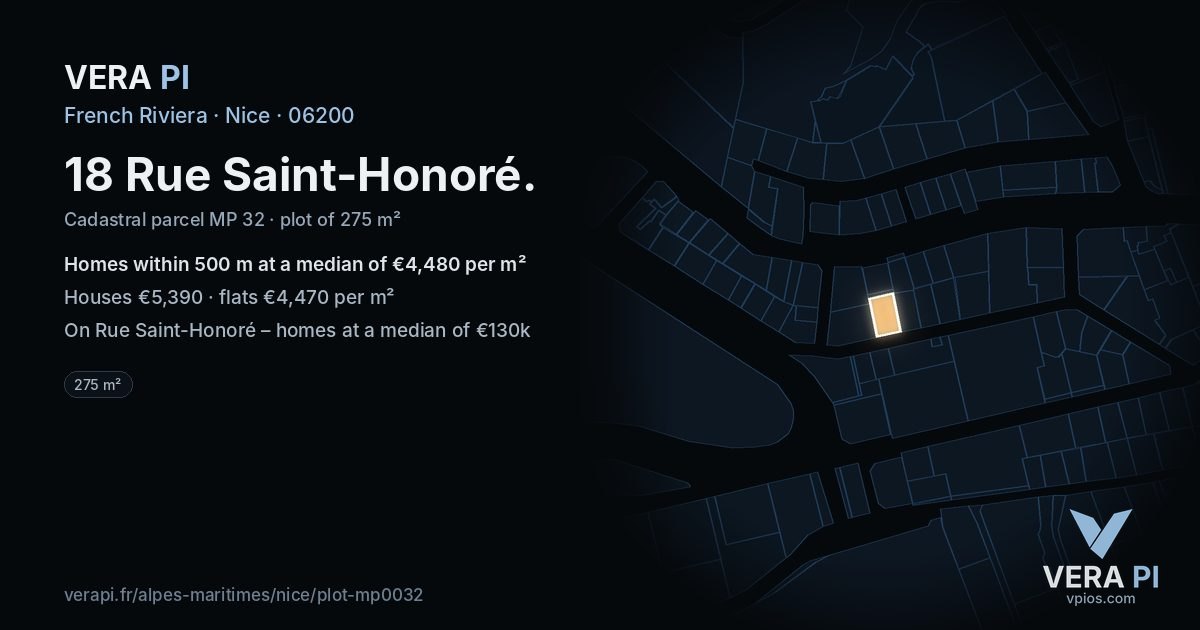 18 Rue Saint-Honoré, Nice at night – the plot lit, the parcels around coloured by the prices near them