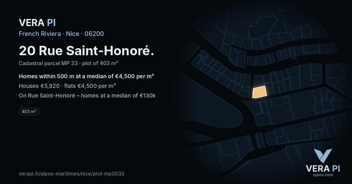 20 Rue Saint-Honoré, Nice at night – the plot lit, the parcels around coloured by the prices near them