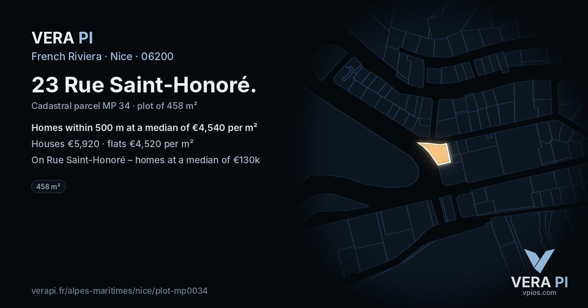 23 Rue Saint-Honoré, Nice at night – the plot lit, the parcels around coloured by the prices near them
